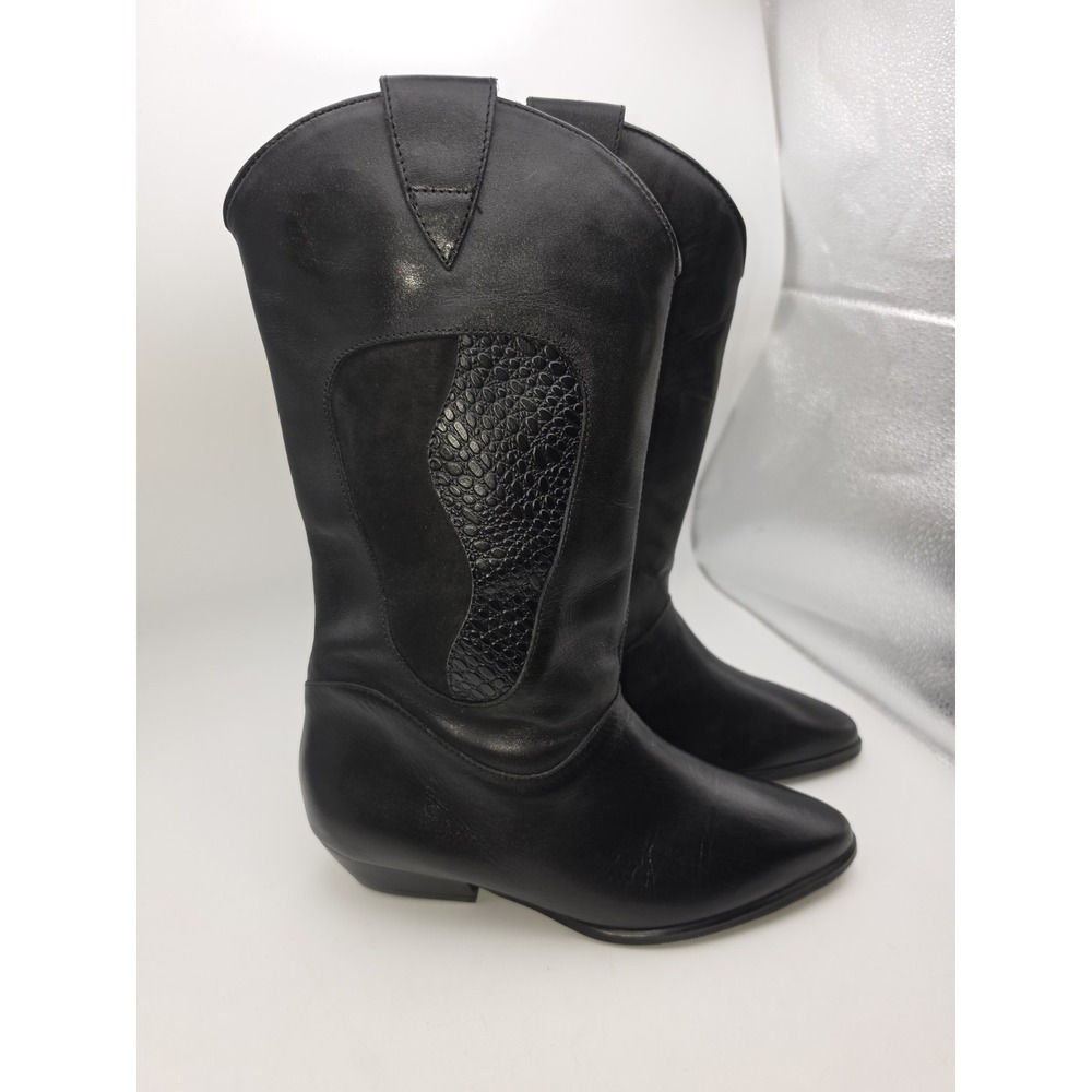 80s Goth Western Black Leather Cowboy Boots Mixed Texture Suede Reptile Inlay 7